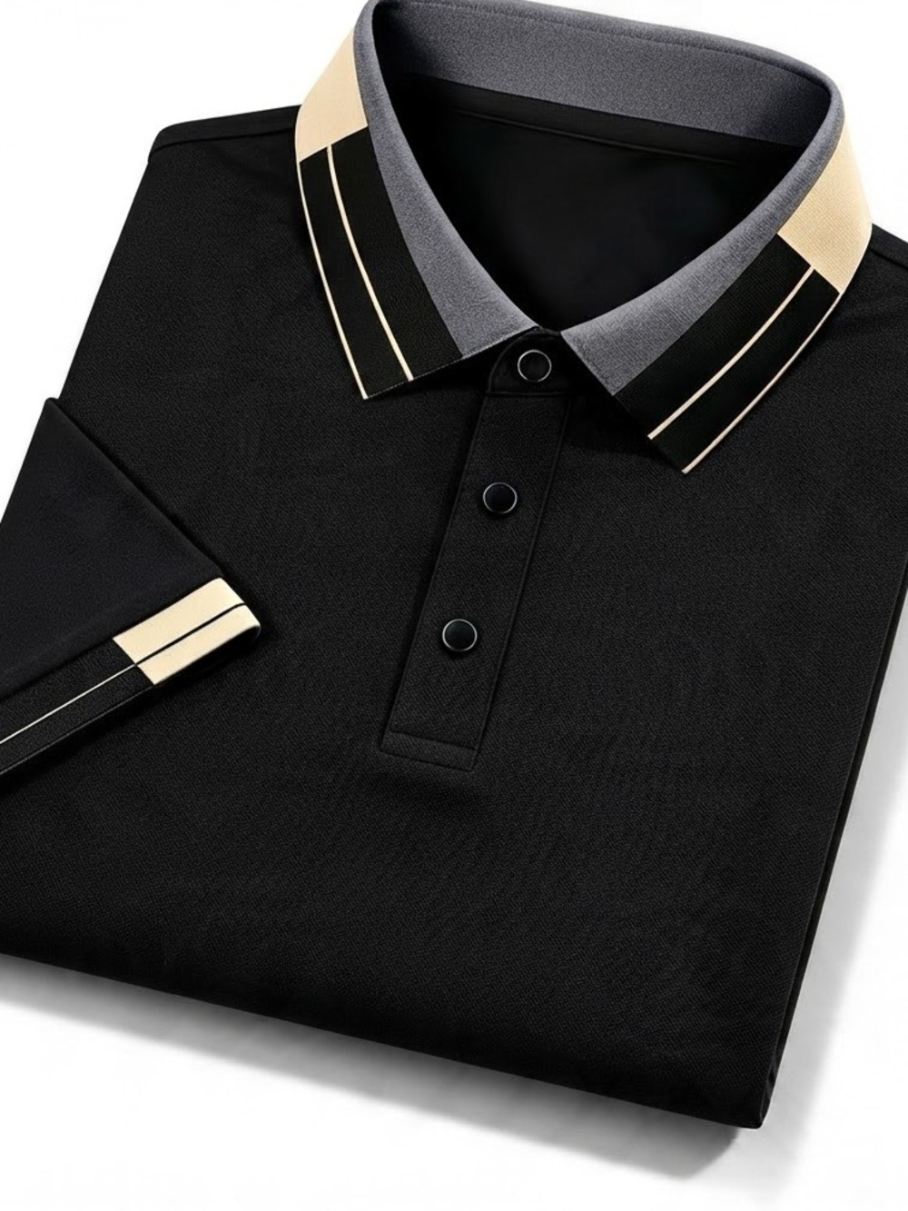 Men's Black Polo Shirt with Contrasting Gray and Cream Trim